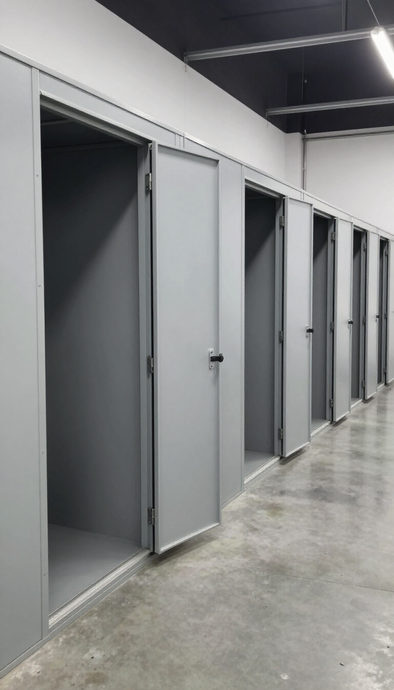 Unidades de almacenamiento grises con puertas abiertas en un pasillo industrial limpio.