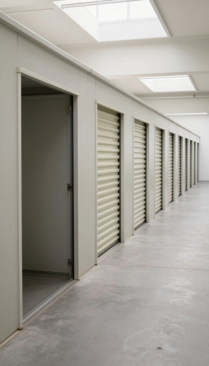 Fila de puertas blancas de trasteros en un pasillo interior limpio con luces de techo brillantes.