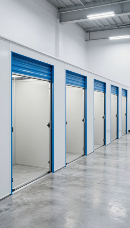 Hilera de puertas de unidades de almacenamiento con marcos azules en un pasillo limpio de un almacén interior.
