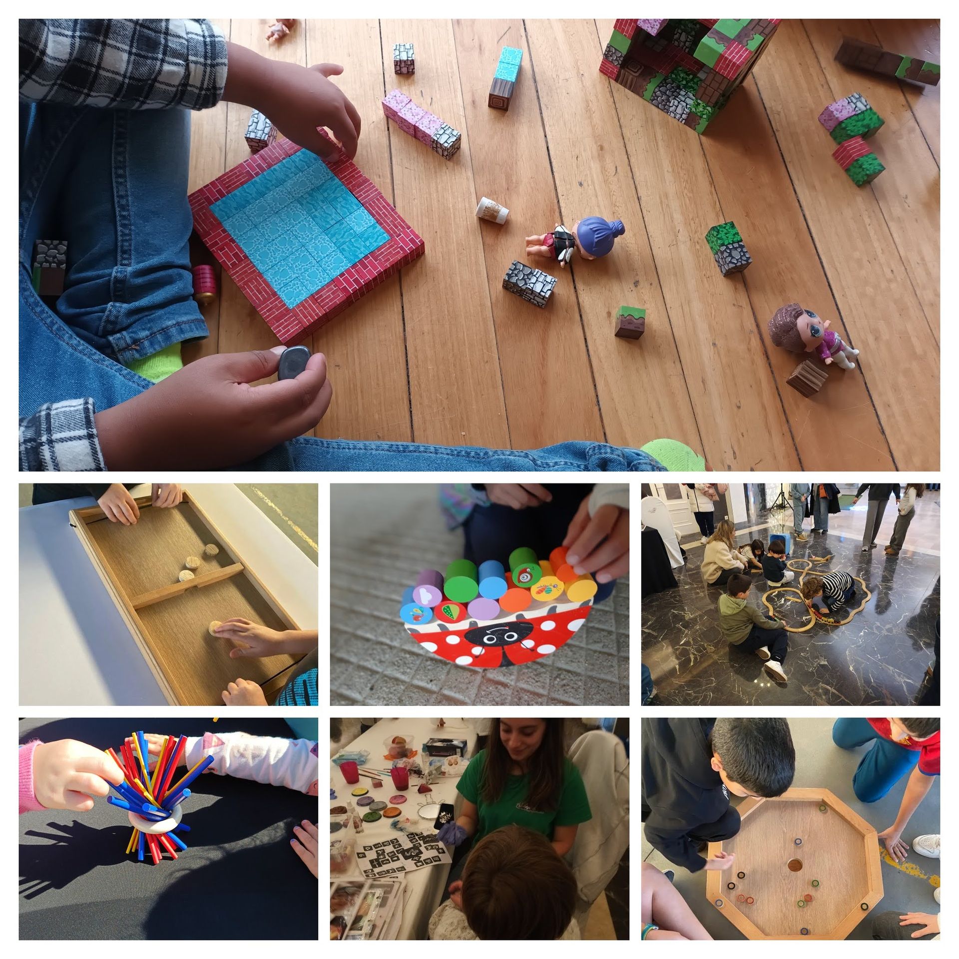 Nueve fotos de juegos de madera hechos a mano: habilidad, estrategia y destreza. 