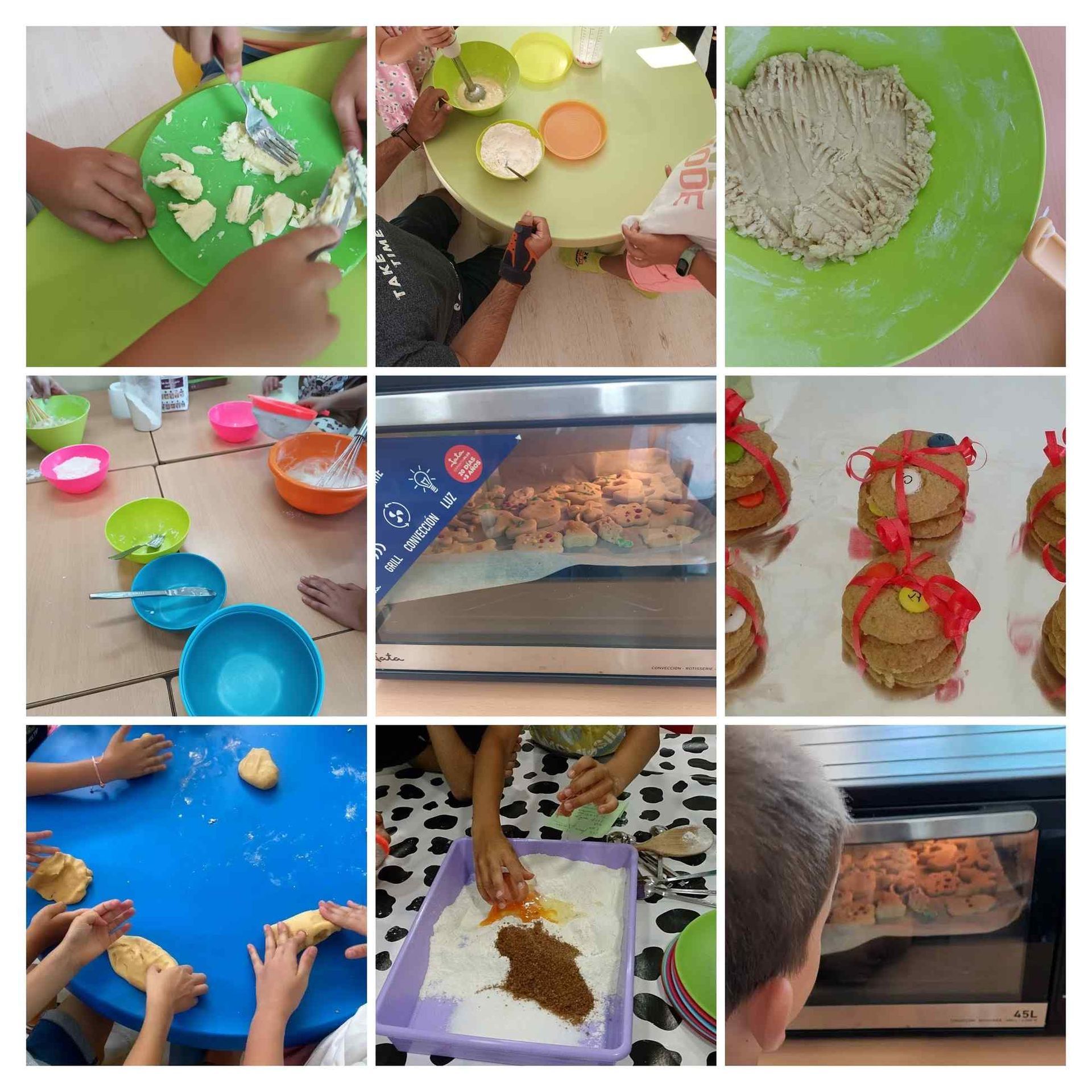 Niños horneando galletas: mezclando ingredientes, dando forma a la masa.