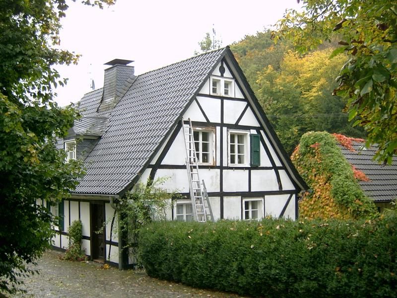 Ein schwarz-weißes Haus mit einer Leiter davor