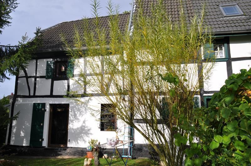 Ein weißes Haus mit schwarzer Verzierung und grüner Tür