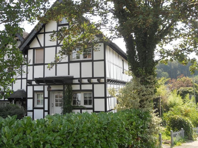 Ein schwarz-weißes Haus mit einem Baum davor