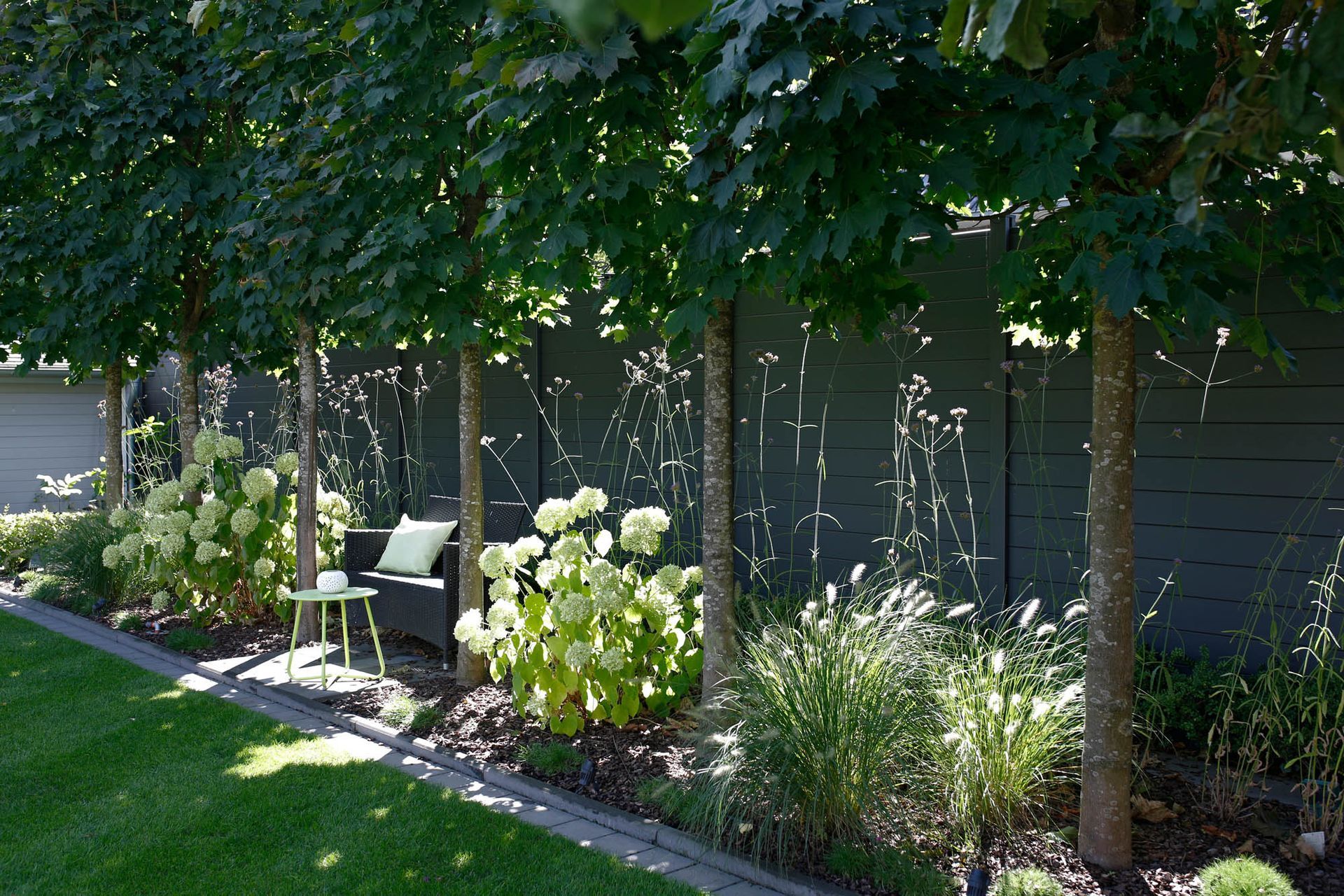 Eine Baumreihe in einem Garten mit einem Zaun im Hintergrund.