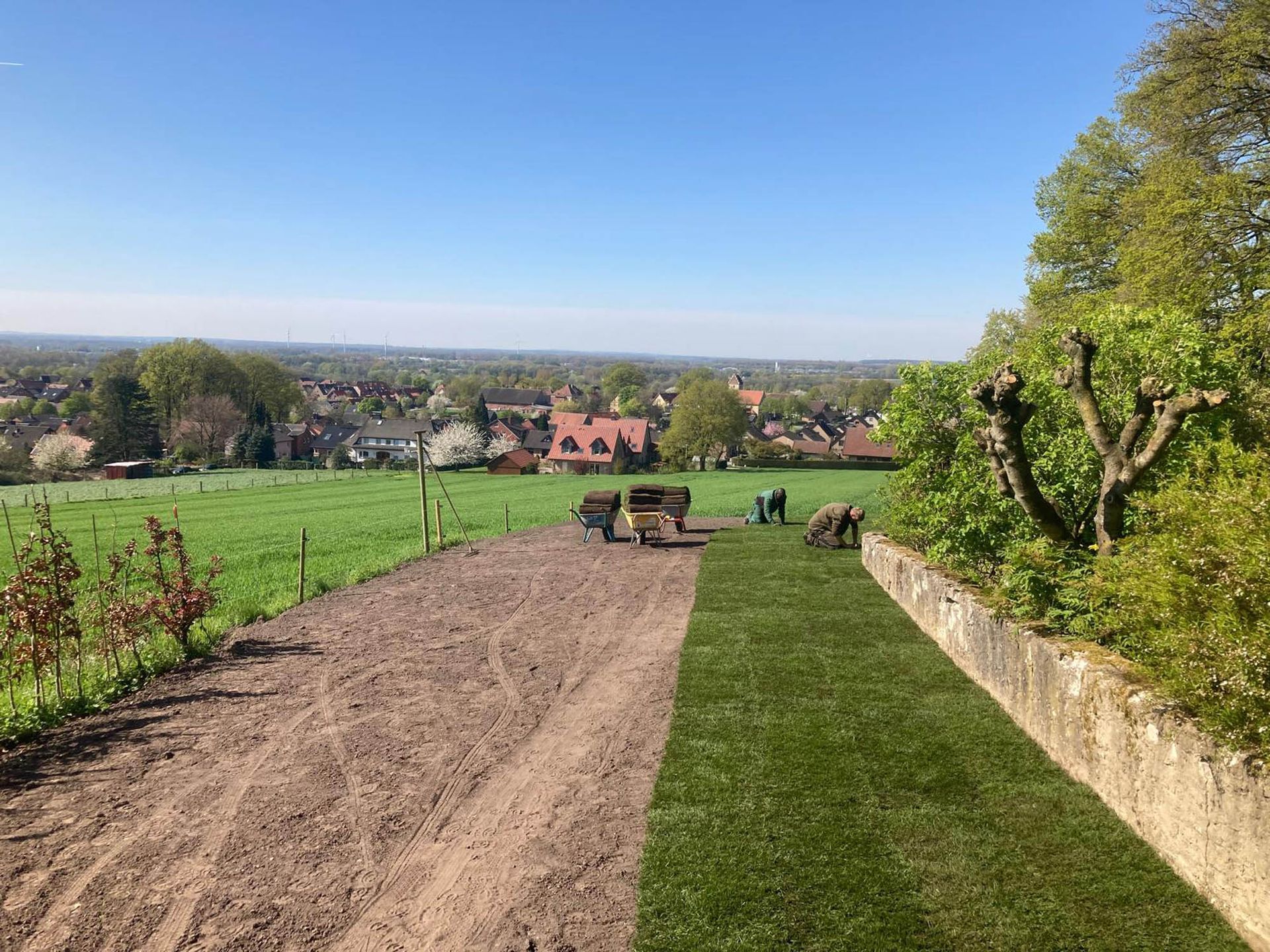 Ein Feldweg führt zu einer Wiese, im Hintergrund ist eine Steinmauer zu sehen.