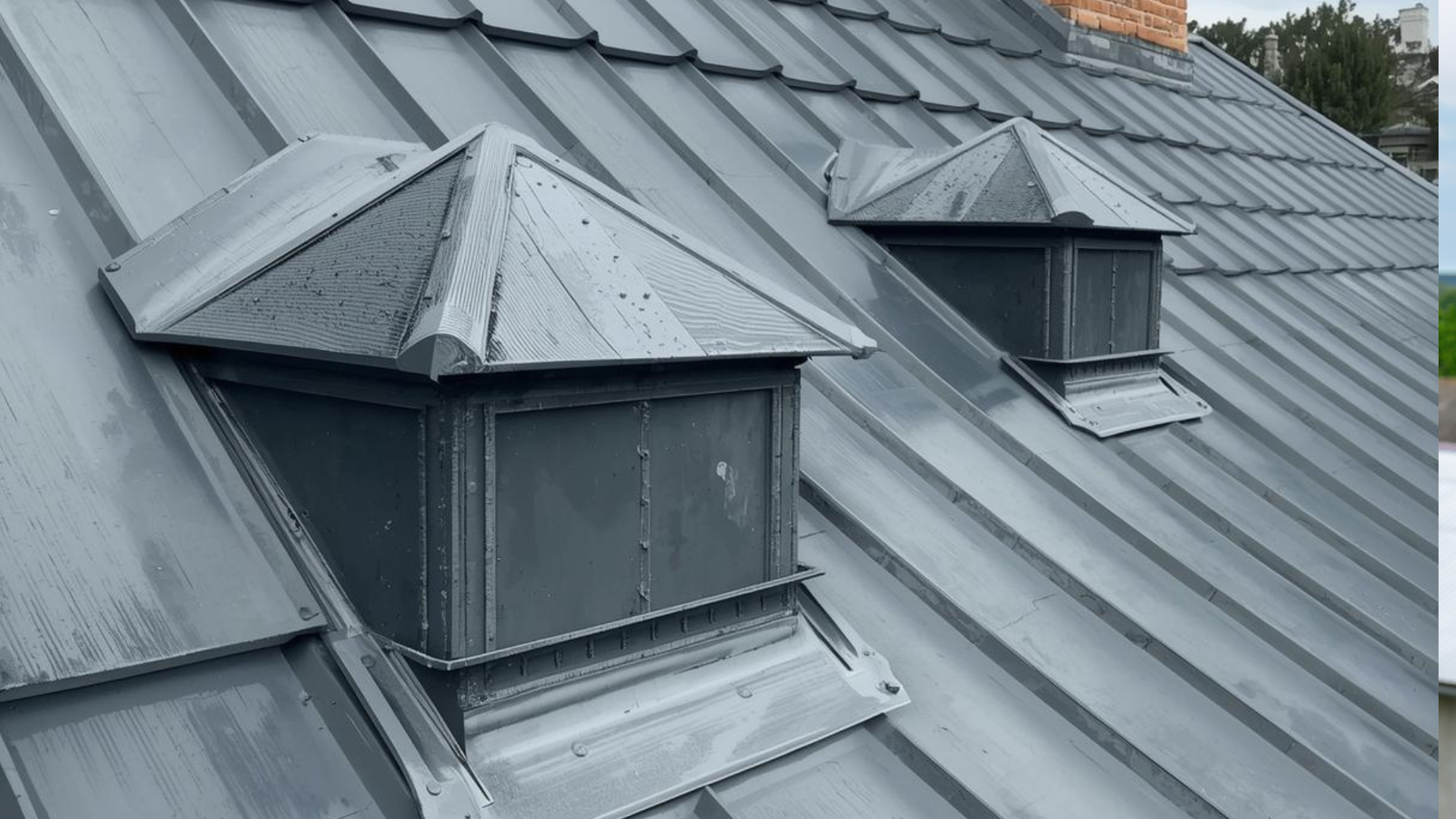 Deux lucarnes à toit gris avec des toits inclinés sur un toit en métal.