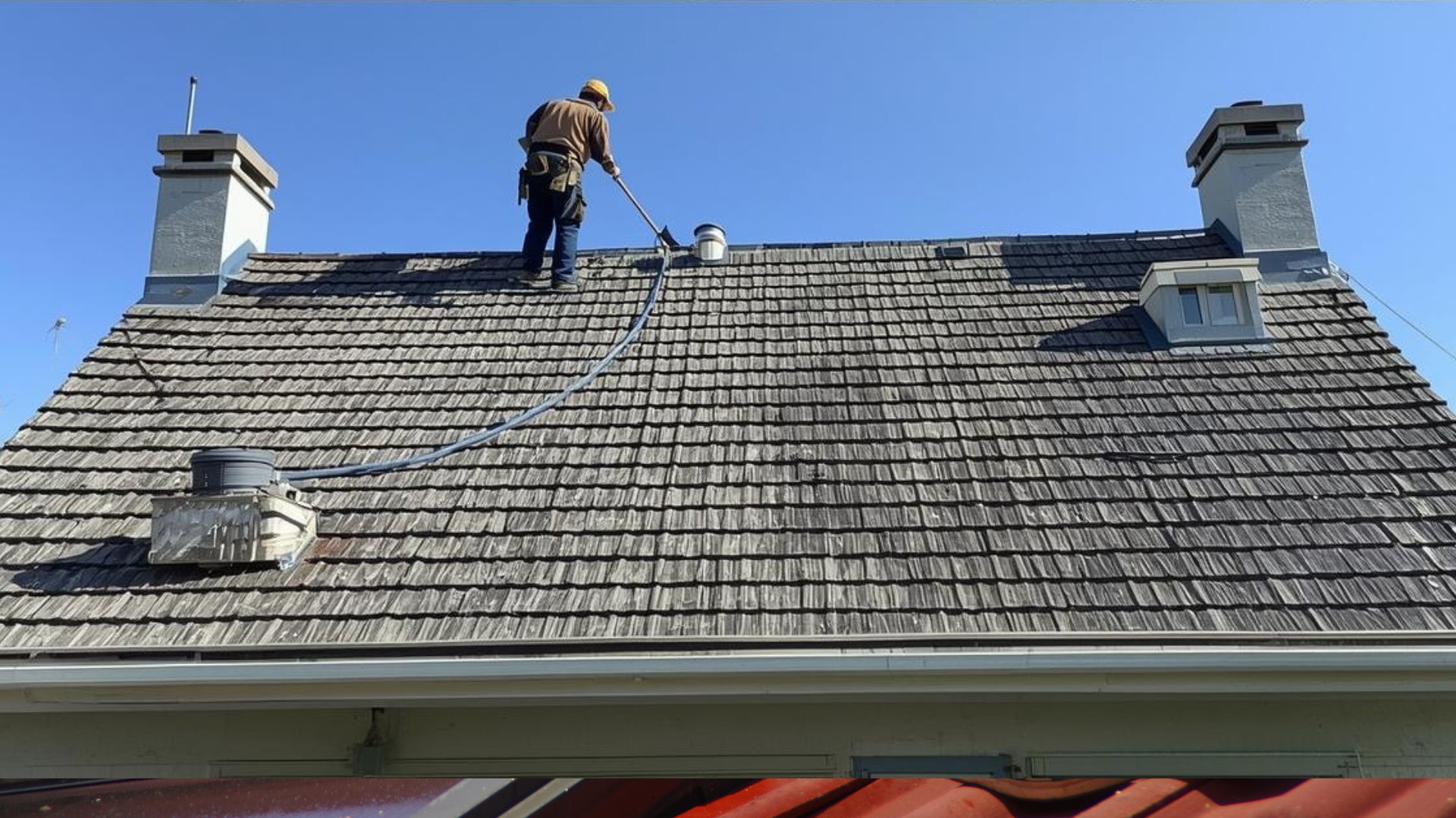 Personne en train de peindre sur un toit, tendant un pinceau à long manche vers un seau. Ciel bleu, toit gris.