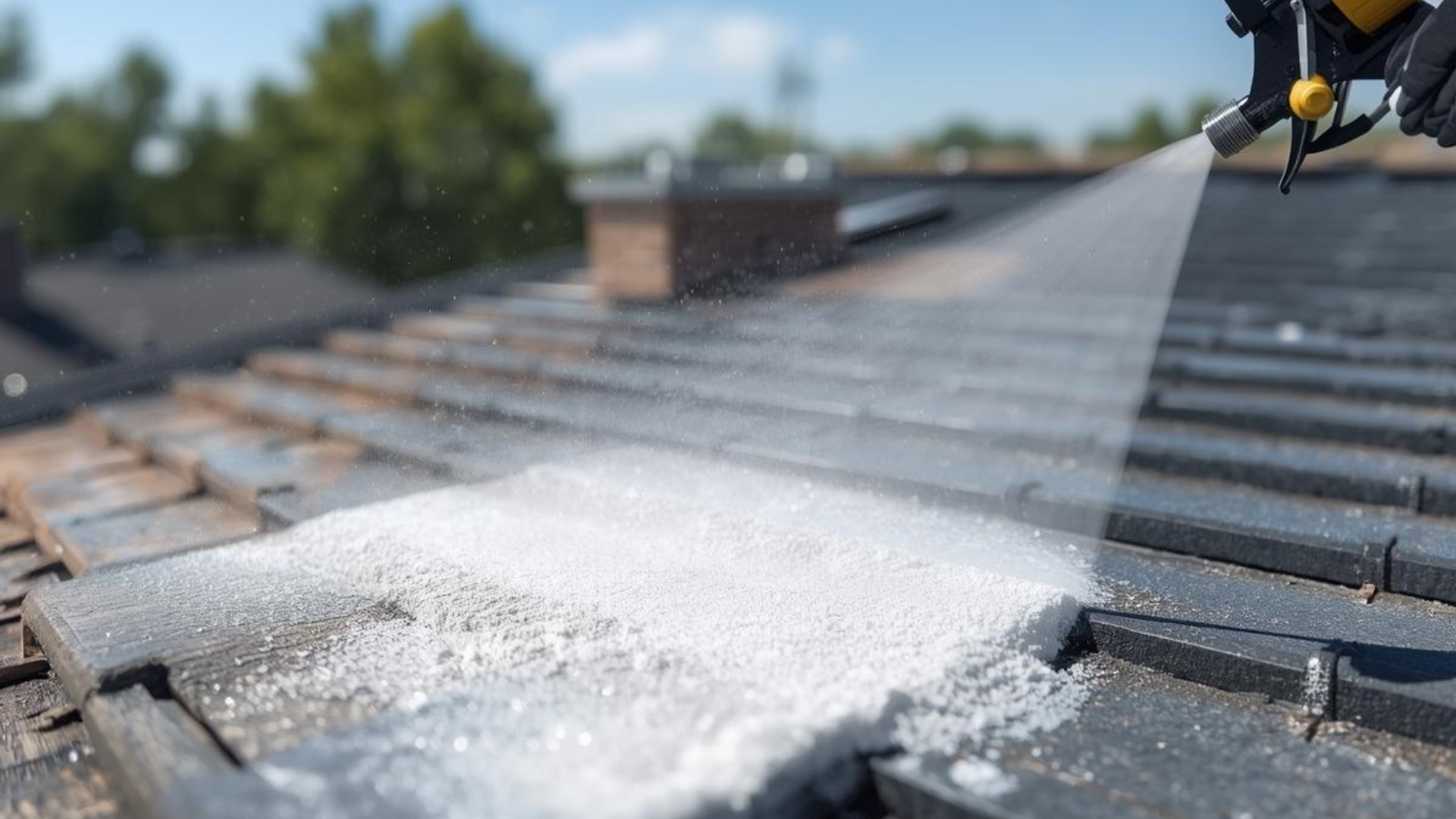 Une personne pulvérise une solution nettoyante blanche sur un toit de tuiles.