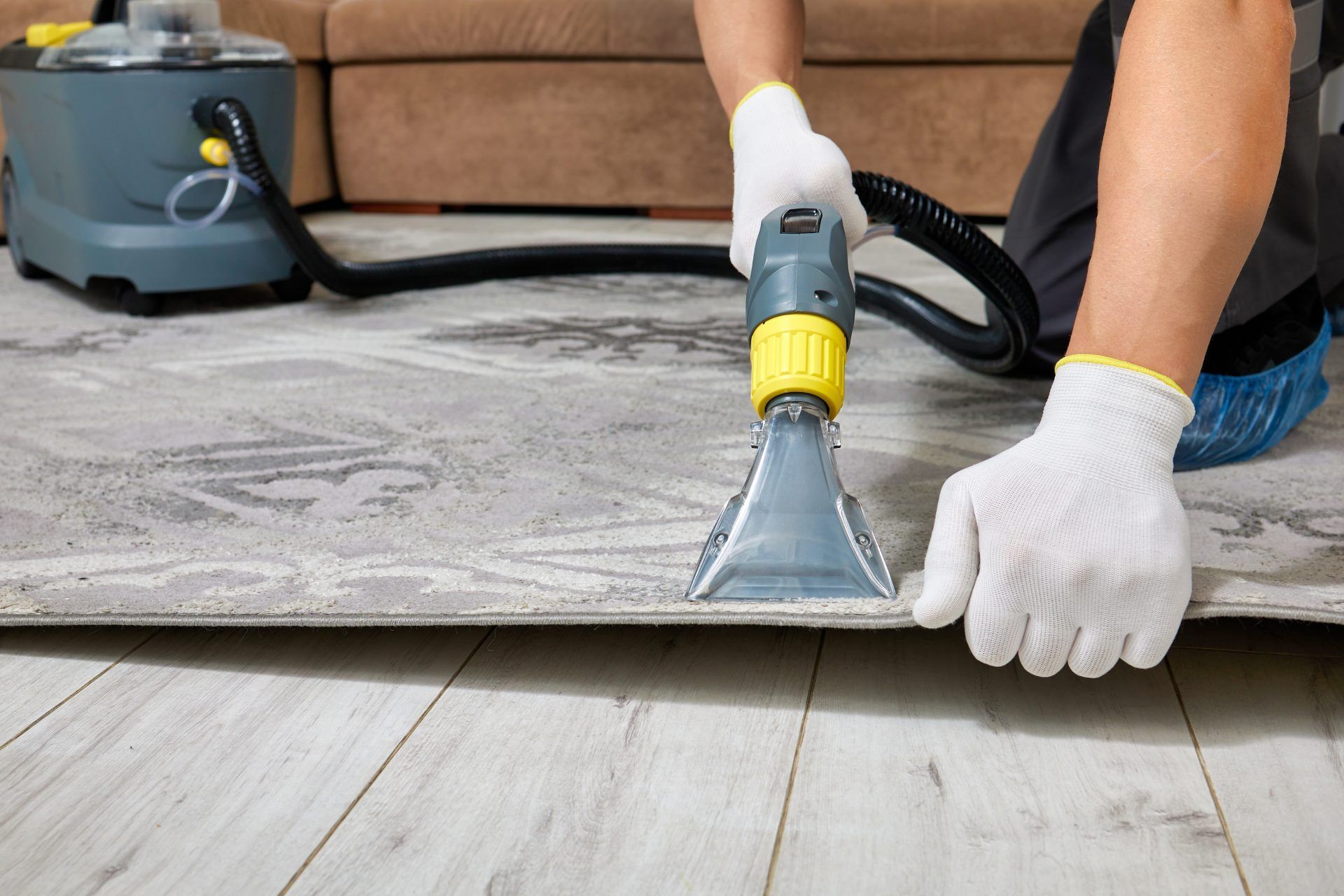 Eine Person reinigt einen Teppich mit einem Staubsauger.