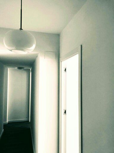 Un pasillo con una luz colgando del techo y una puerta.