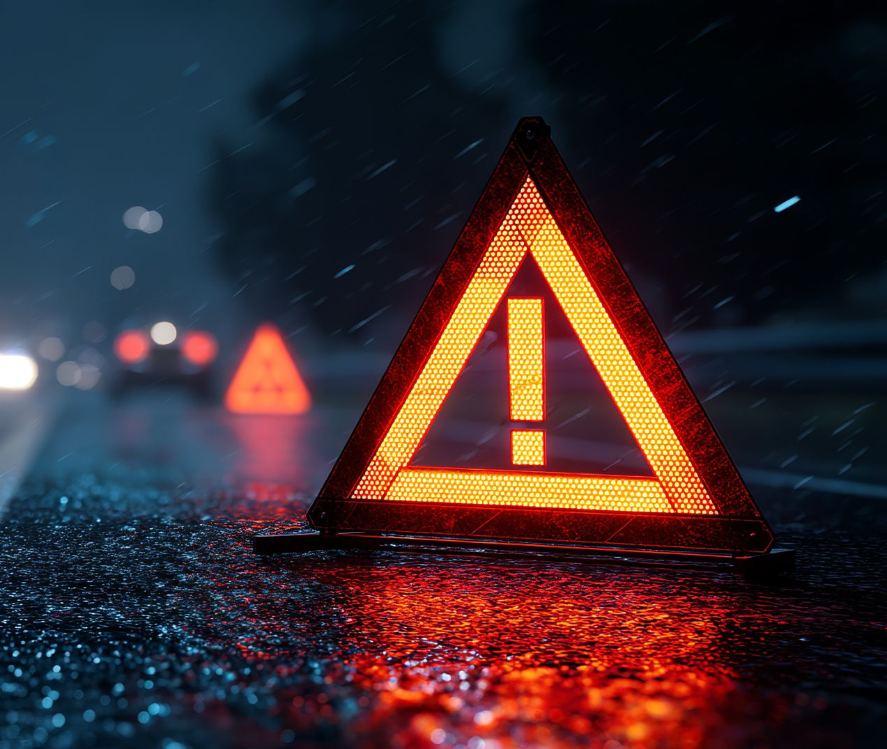 Triangle de signalisation orange avec point d'exclamation sur chaussée mouillée la nuit ; pluie, phares de voiture.