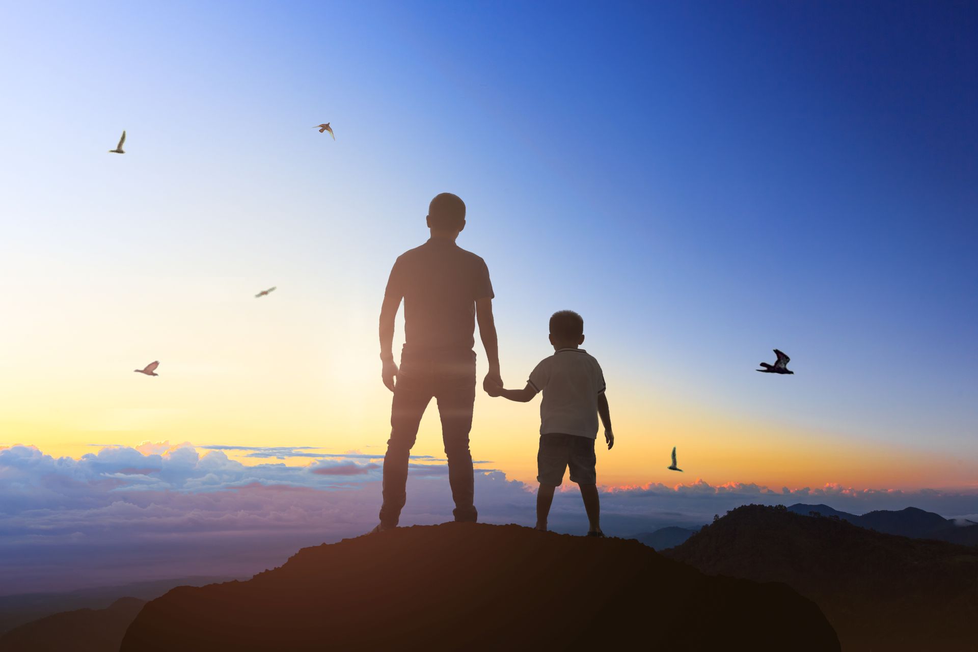 Un adulte et un enfant se tenant la main au sommet d'une montagne, avec des oiseaux dans le ciel au coucher du soleil.