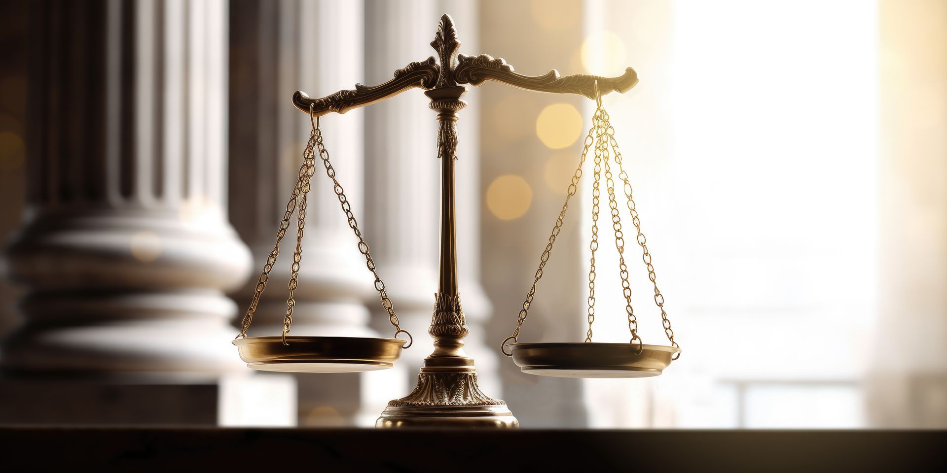 Balance dorée de la justice dans une pièce baignée de soleil, avec des colonnes classiques.