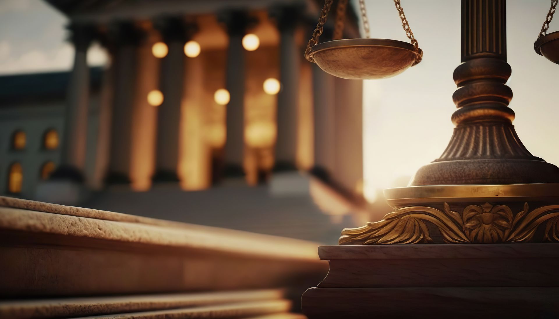 La balance de la justice devant un palais de justice ; la lumière du soleil brille.