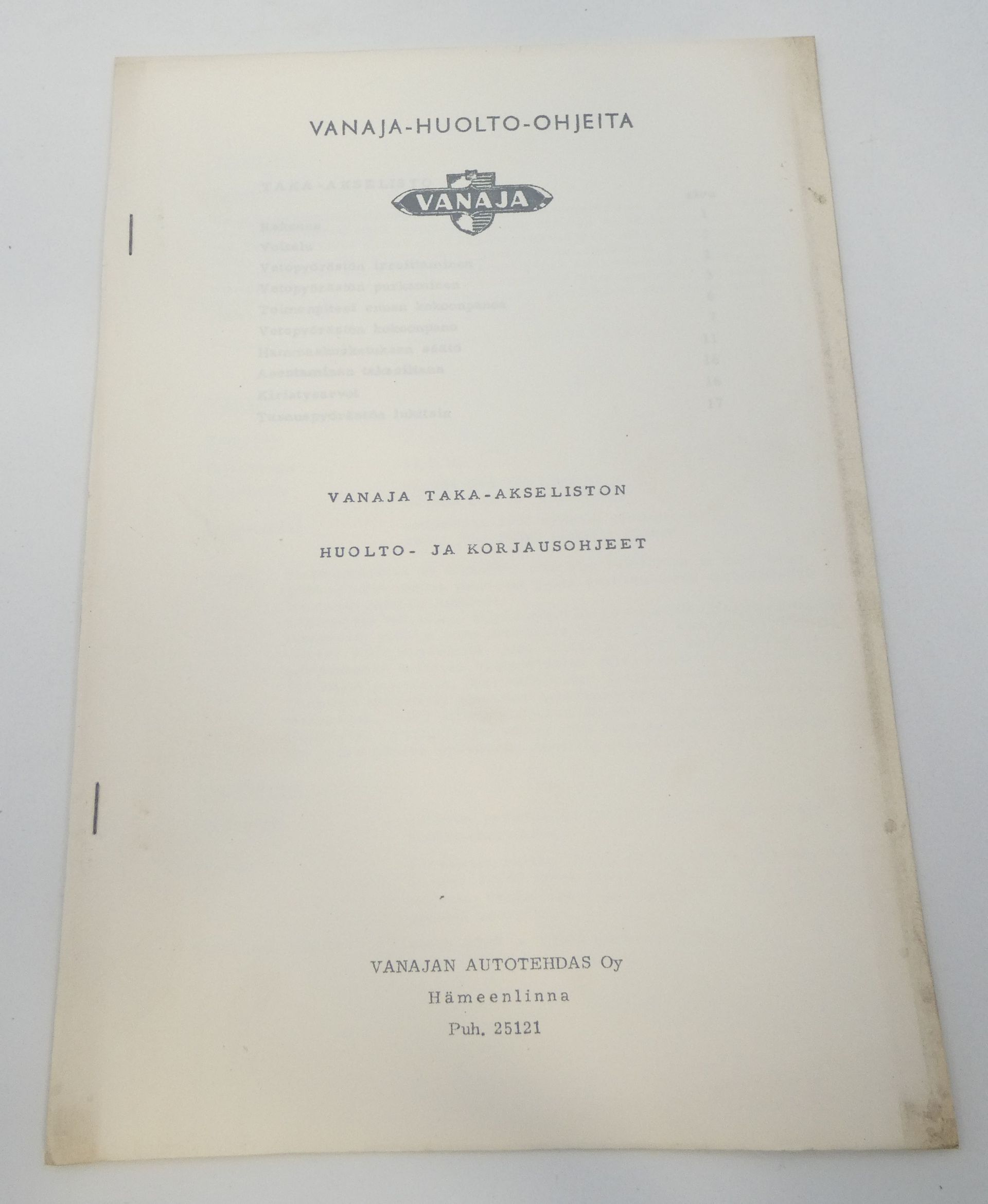 Vanaja taka-akseliston huolto- ja korjausohjeet
