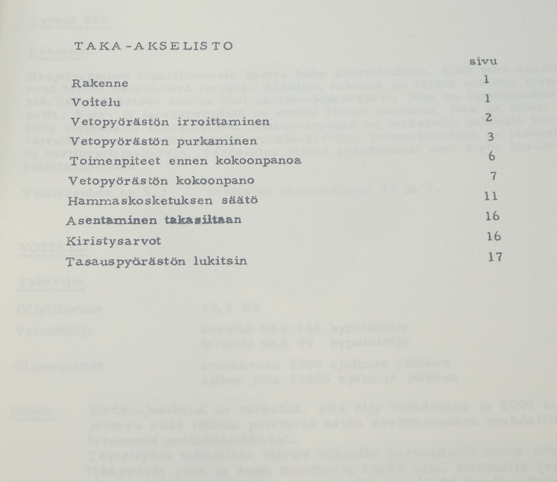 Vanaja taka-akseliston huolto- ja korjausohjeet