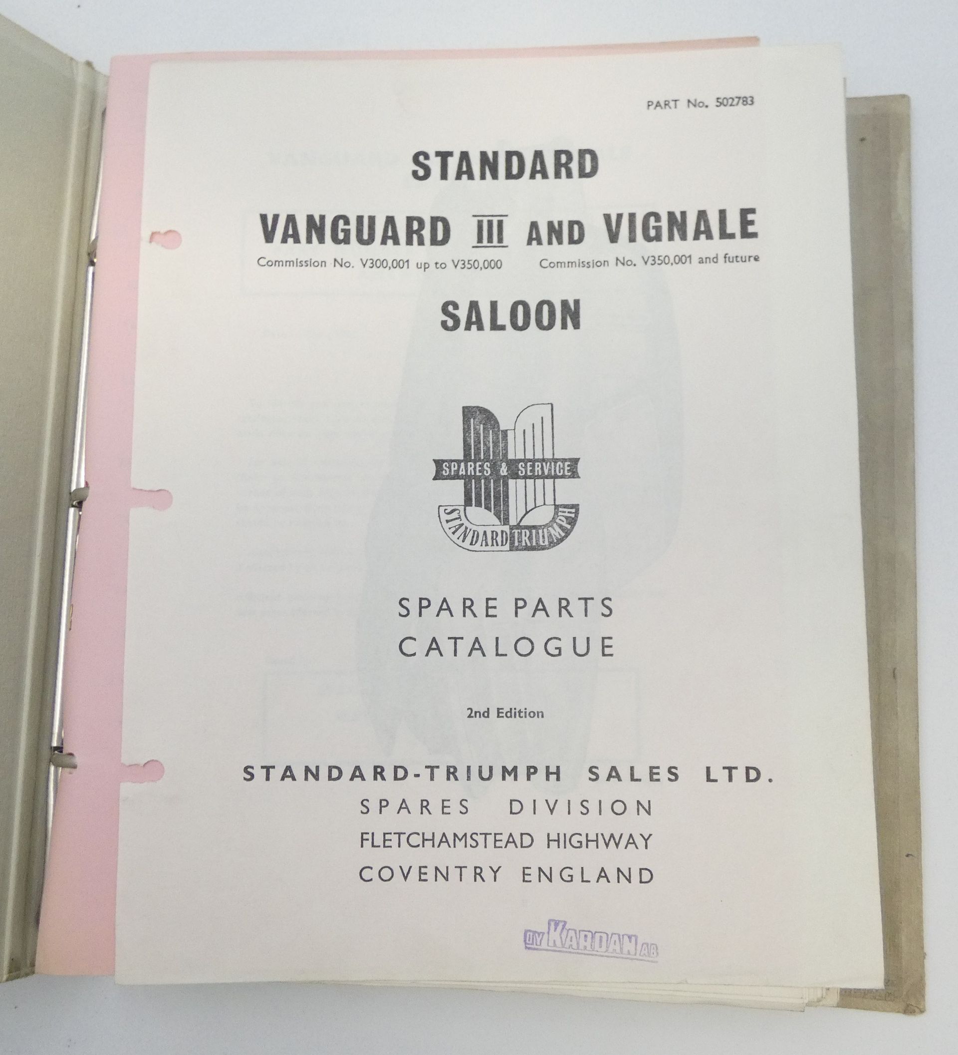 Standard Vanguard III and Vignale saloons spare parts catalogue