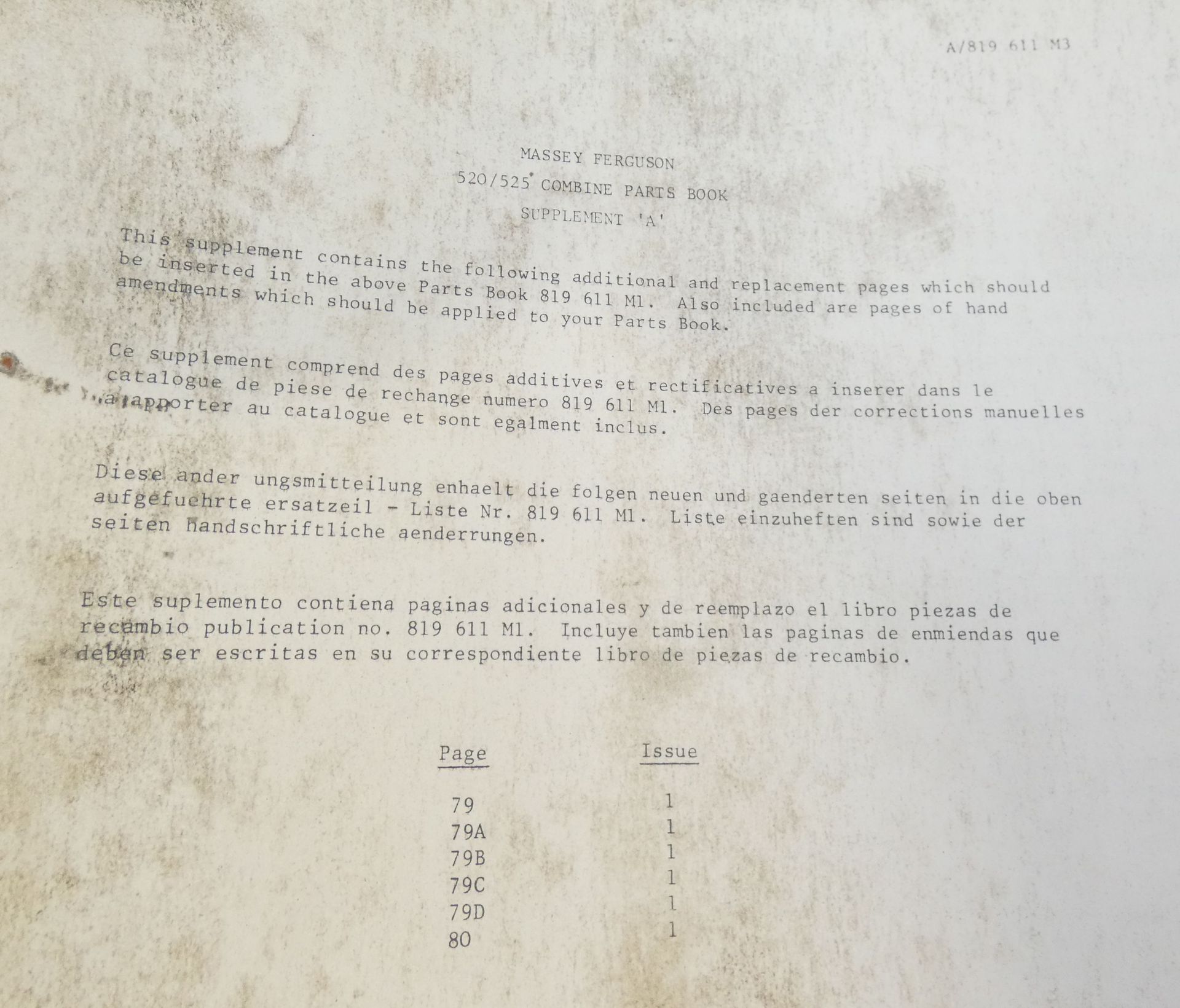 Massey Ferguson 520/525 combine parts book