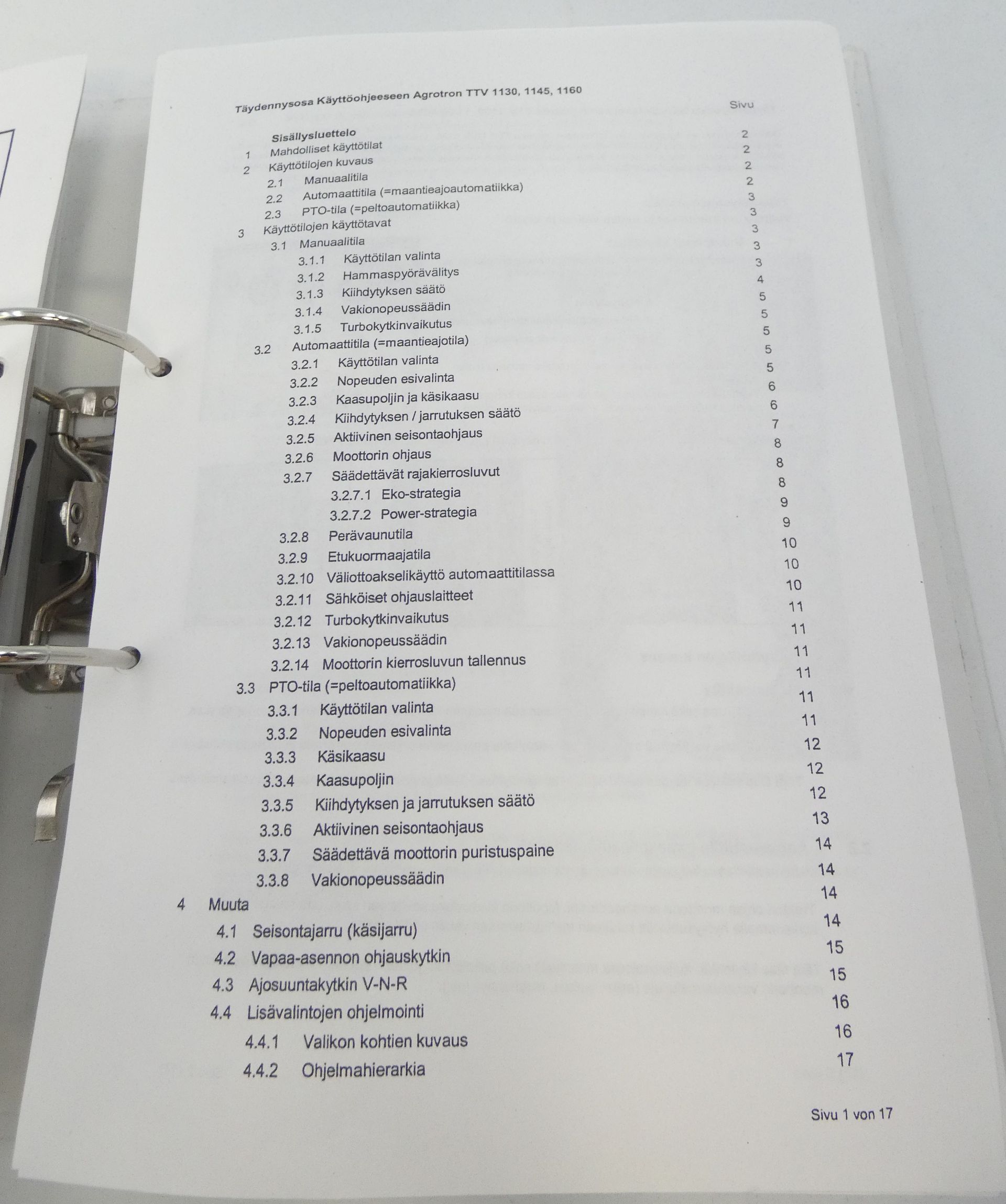 Deutz Fahr Agrotron TTV-1130, TTV-1145, TTV-1160 täydennysosa käyttöohjeeseen