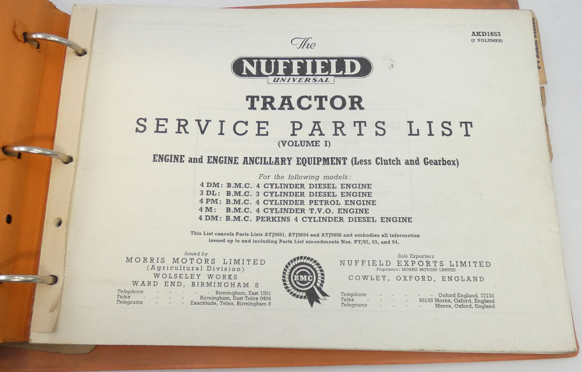 Nuffield Universal tractor 4DM, 3DL, 4PM, 4M, 4DM service parts list volume I