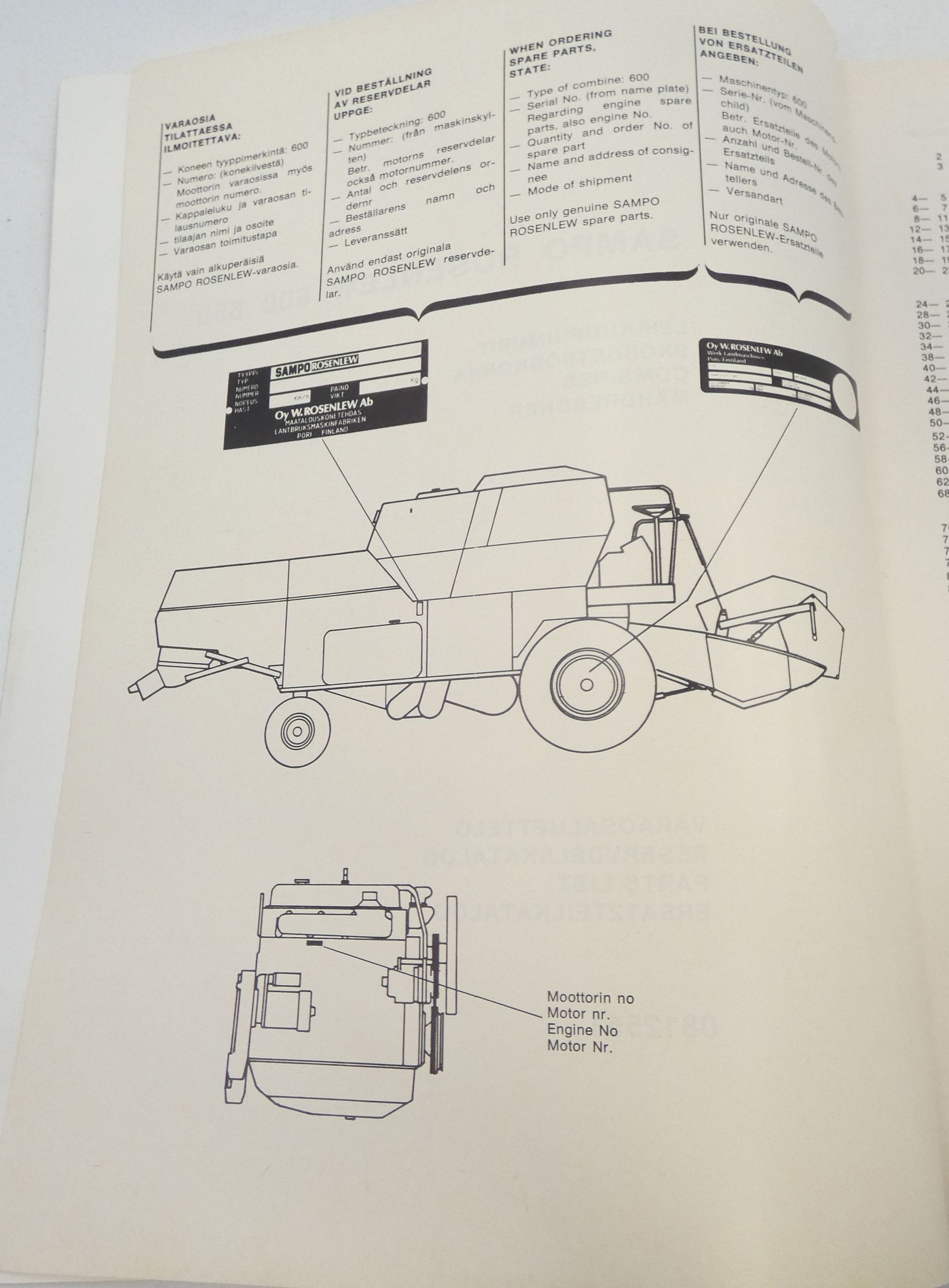 Sampo Rosenlew 600, 650 leikkuupuimurit varaosaluettelo