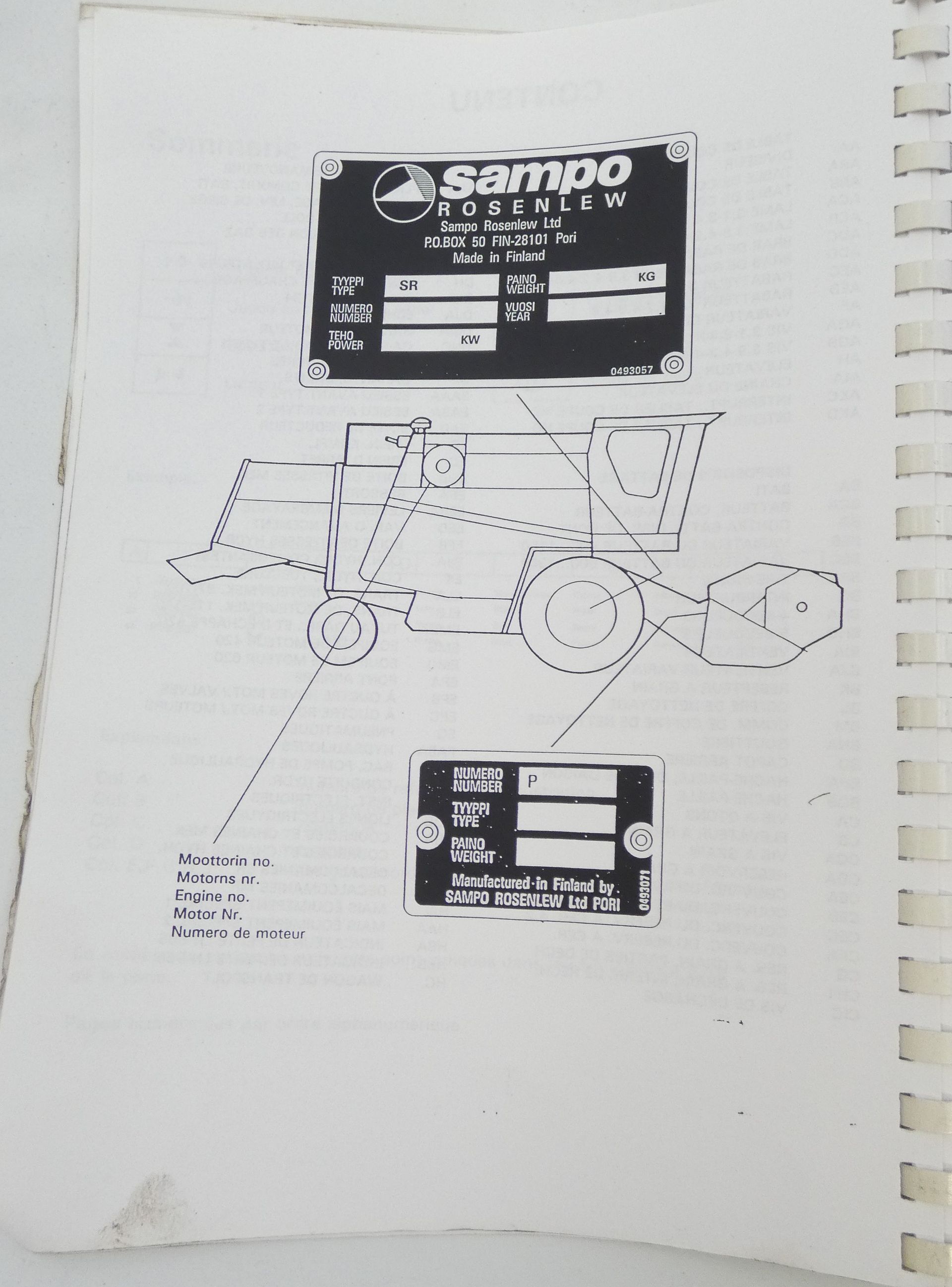 Sampo Rosenlew 2045, 2050, 2055, 2060, 2065 leikkuupuimureiden varaosaluettelo