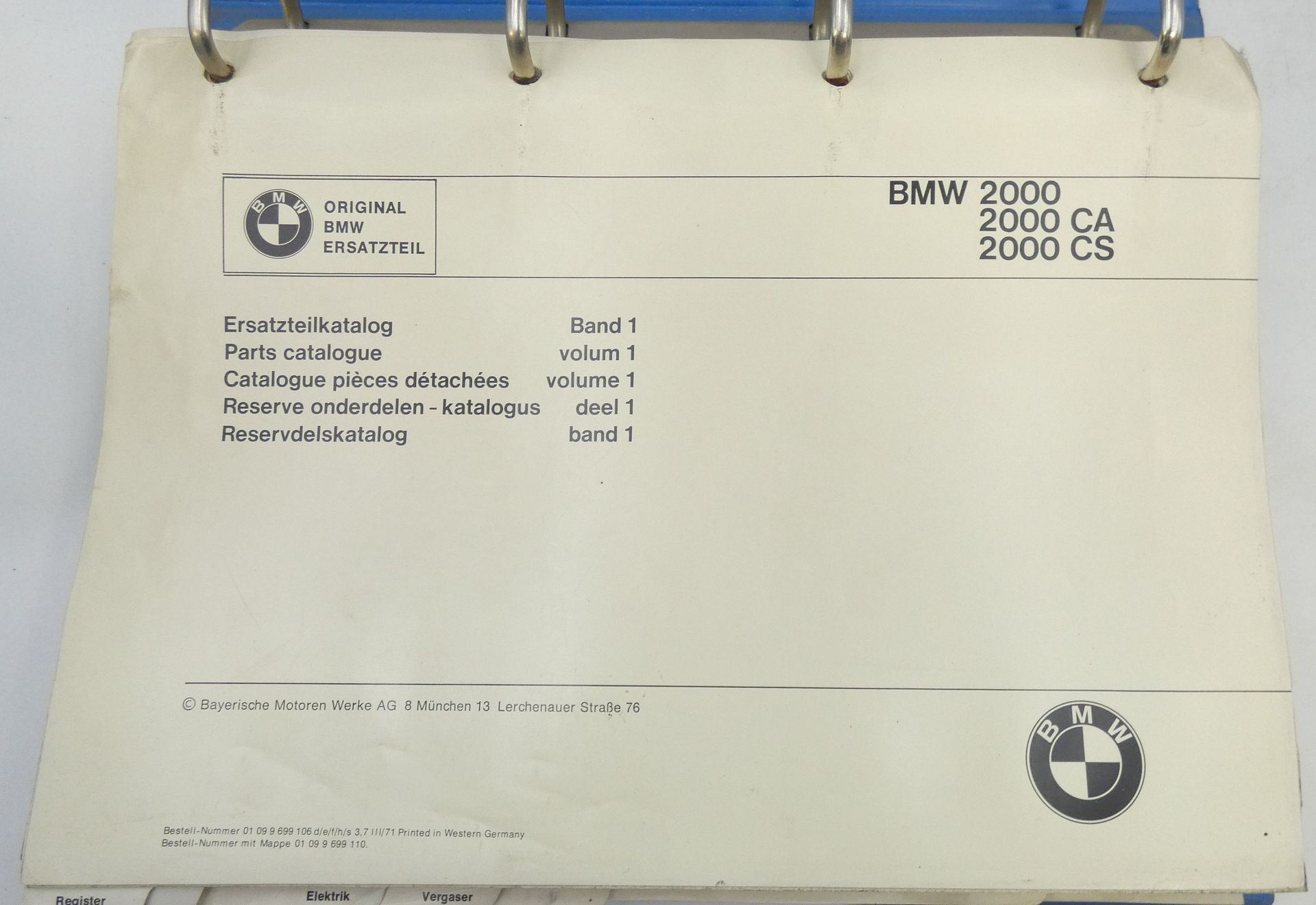 BMW 2000, 2000CA, 2000CS parts catalogue Volume 1