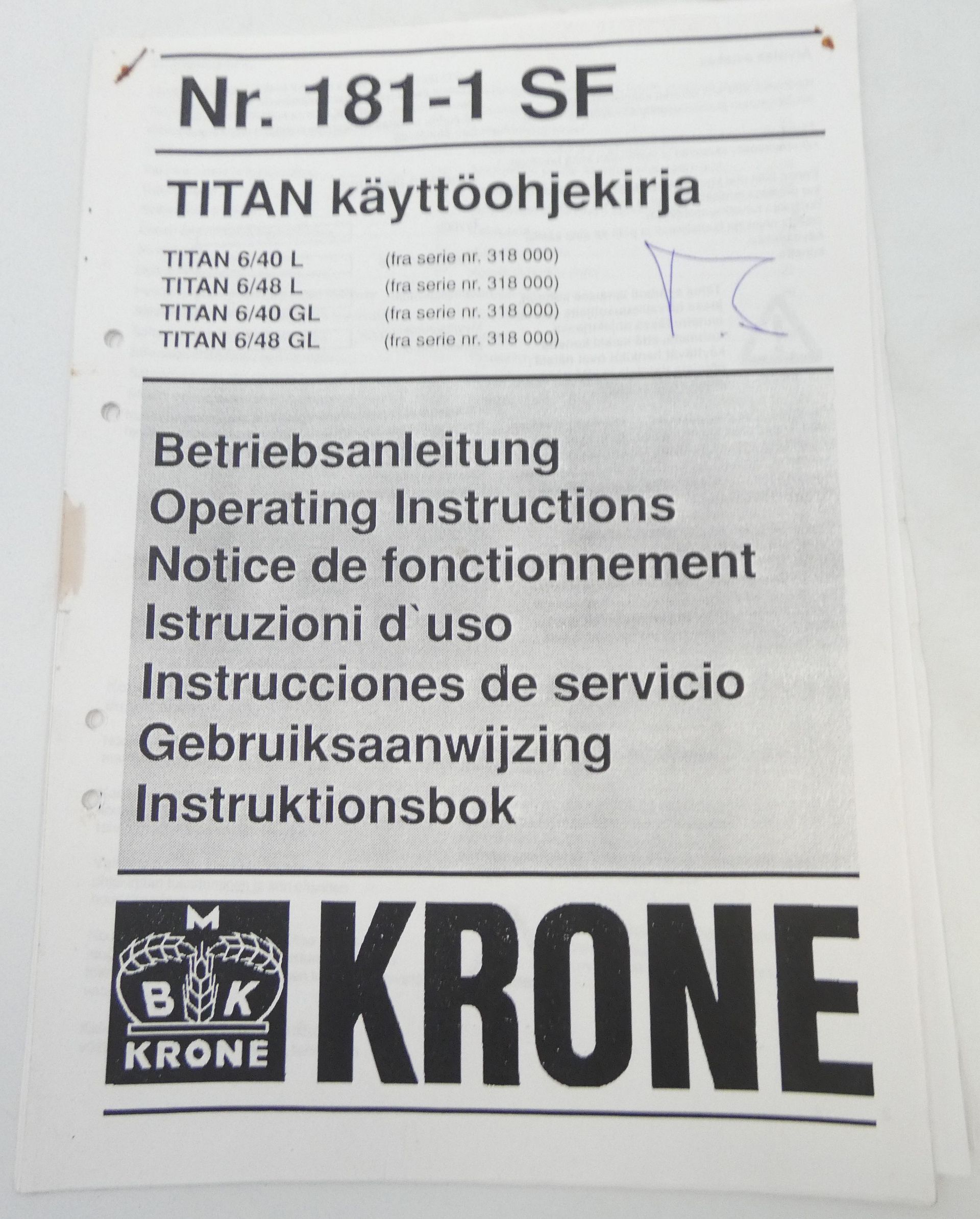 Krone Nr. 181-1 SF Titan 6/40 L, 6/48 L, 6/40 GL, 6/48 GL käyttöohjekirja