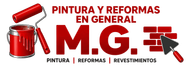Logo de pintura y reformas &ldquo;M.G.&rdquo; con cubeta roja, rodillo y muro de ladrillos