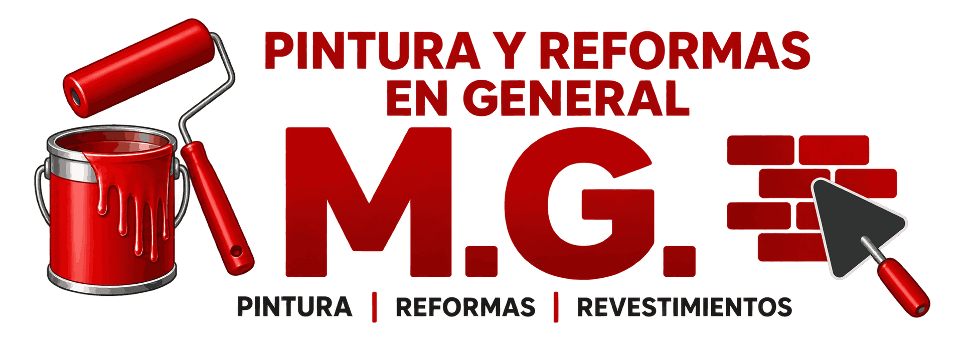 Logo de pintura y reformas “M.G.” con cubeta roja, rodillo y muro de ladrillos