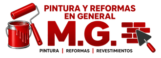 Logo de pintura y reformas &ldquo;M.G.&rdquo; con cubeta roja, rodillo y muro de ladrillos