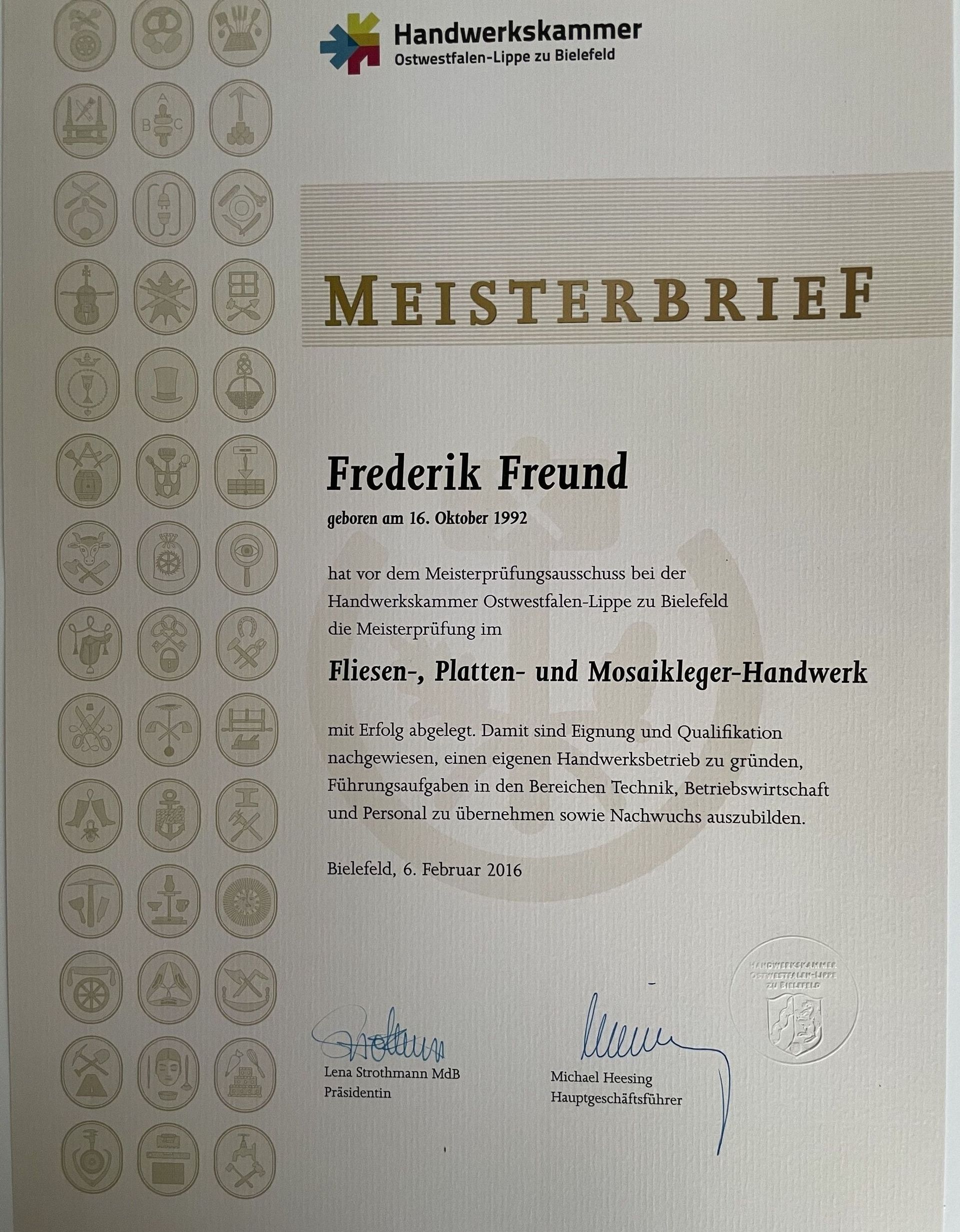 German Meisterbrief (master craftsman certificate) for Frederik Freund, with text and seals.