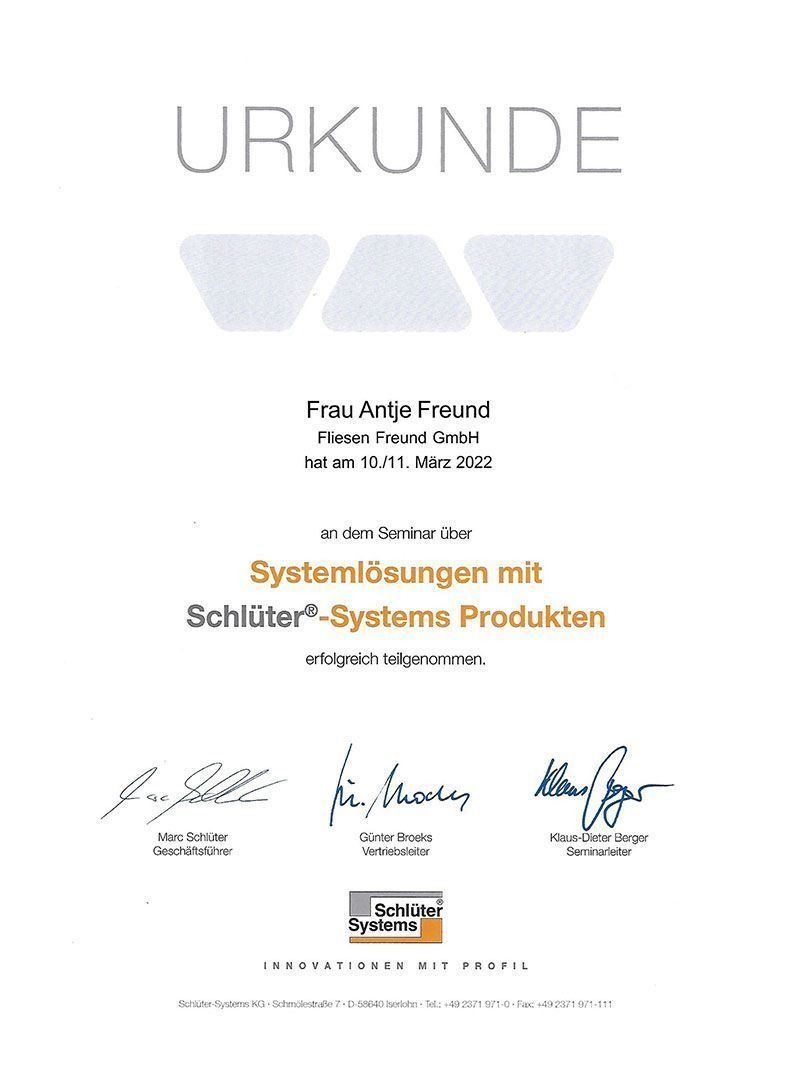 Certificate awarded to Frau Antje Freund for system solutions with Schlüter-Systems products.
