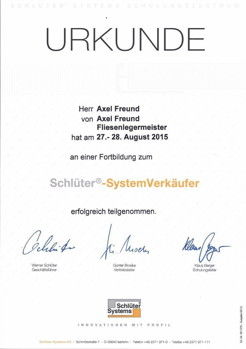 Certificate for Axel Freund, from Axel Freund, a tiler, for completing a 