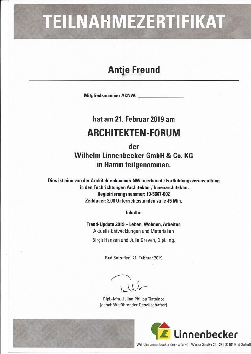 Participant certificate for Antje Freund at the ARCHITEKTEN-FORUM on 21. Februar 2016. Presented by Wilhelm Linnenbecker GmbH & Co. KG.