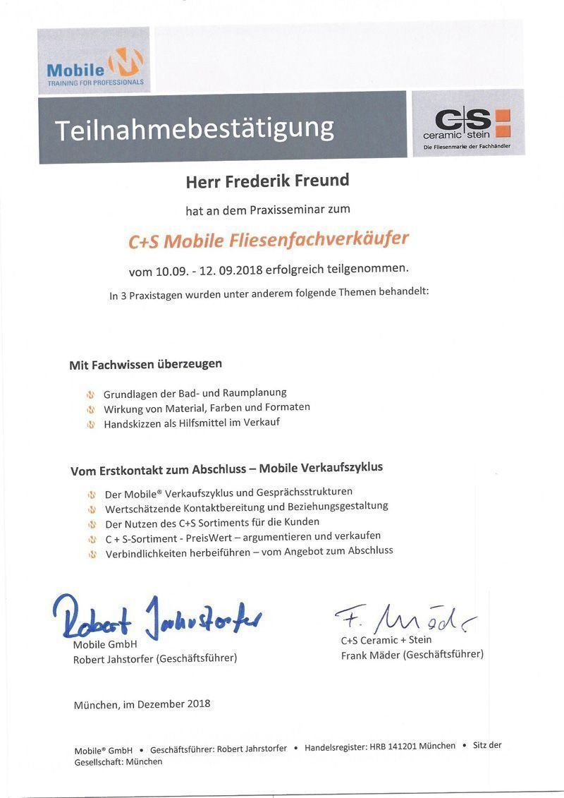 Bestätigungsdokument für Herrn Frederik Freund, C&S Mobile, einschließlich Veranstaltungsdetails, unterzeichnet von Robert John Gerstner und A. Kaiser.