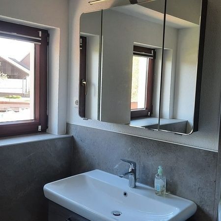 Badezimmer mit Waschbecken, Spiegel und zwei Fenstern. Graue Wände und ein weißes Waschbecken.