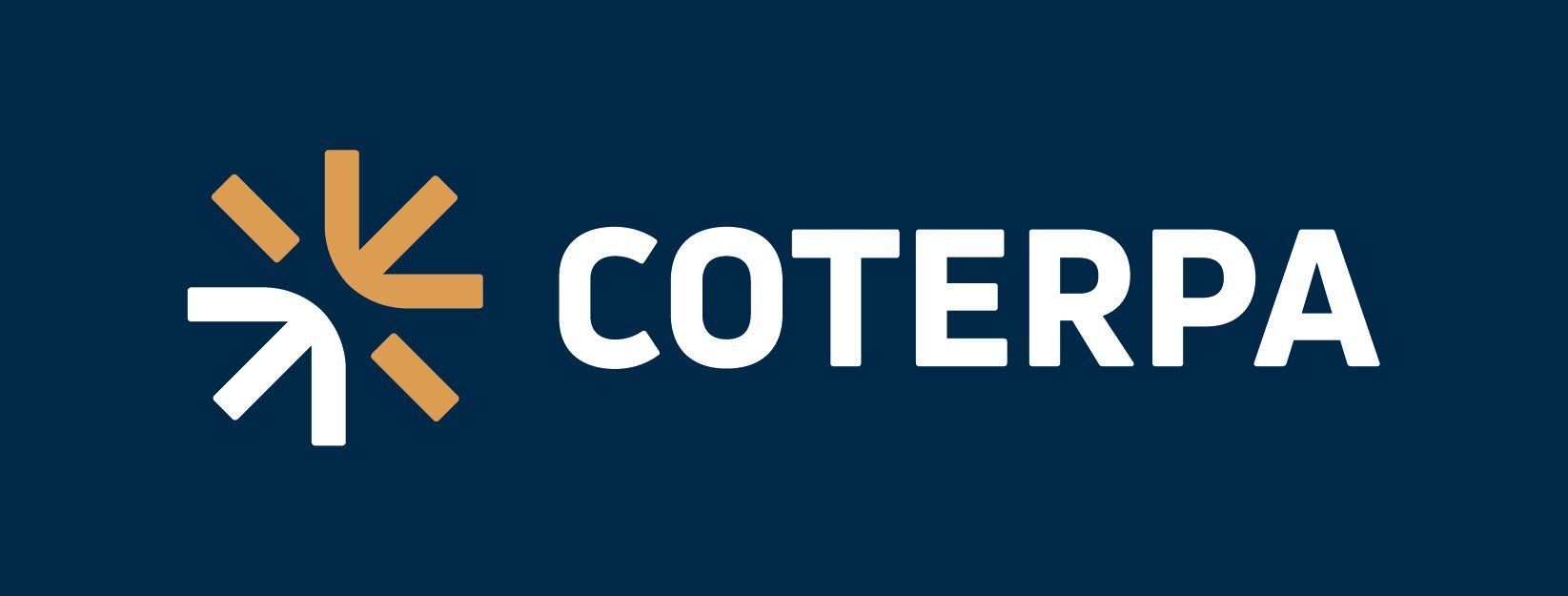 Logotipo de COTERPA sobre fondo azul oscuro, con icono geom&eacute;trico naranja y blanco y texto blanco.