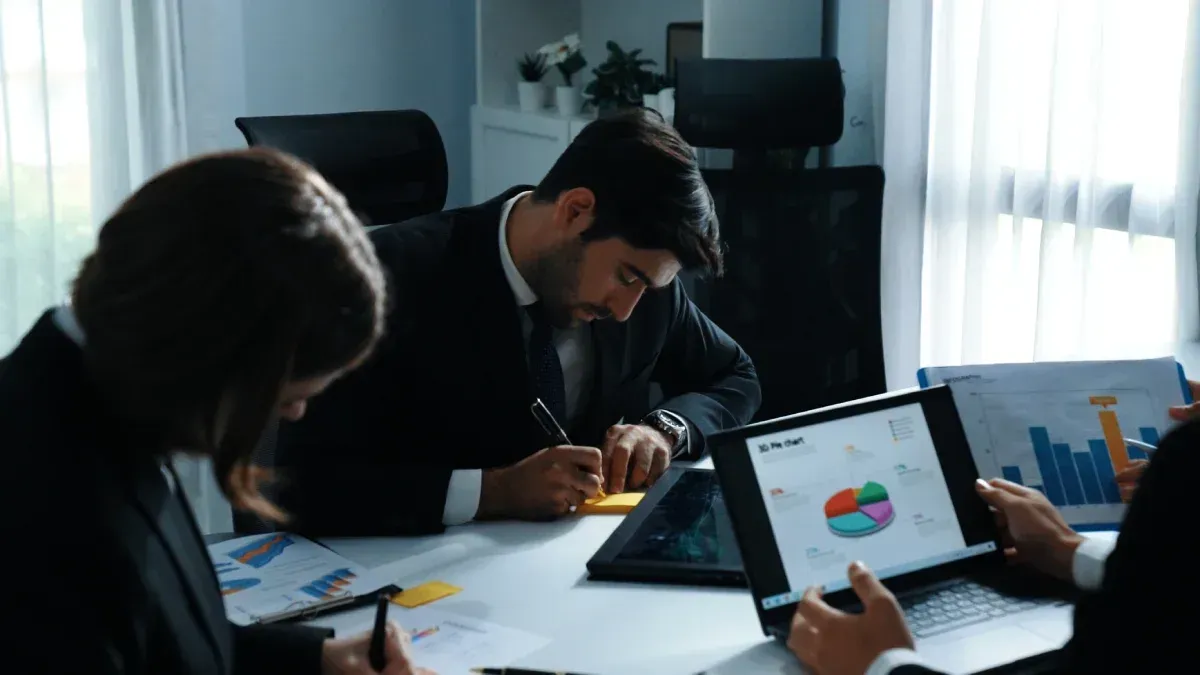 Reunión de negocios en curso; personas mirando gráficos, tomando notas en una mesa.