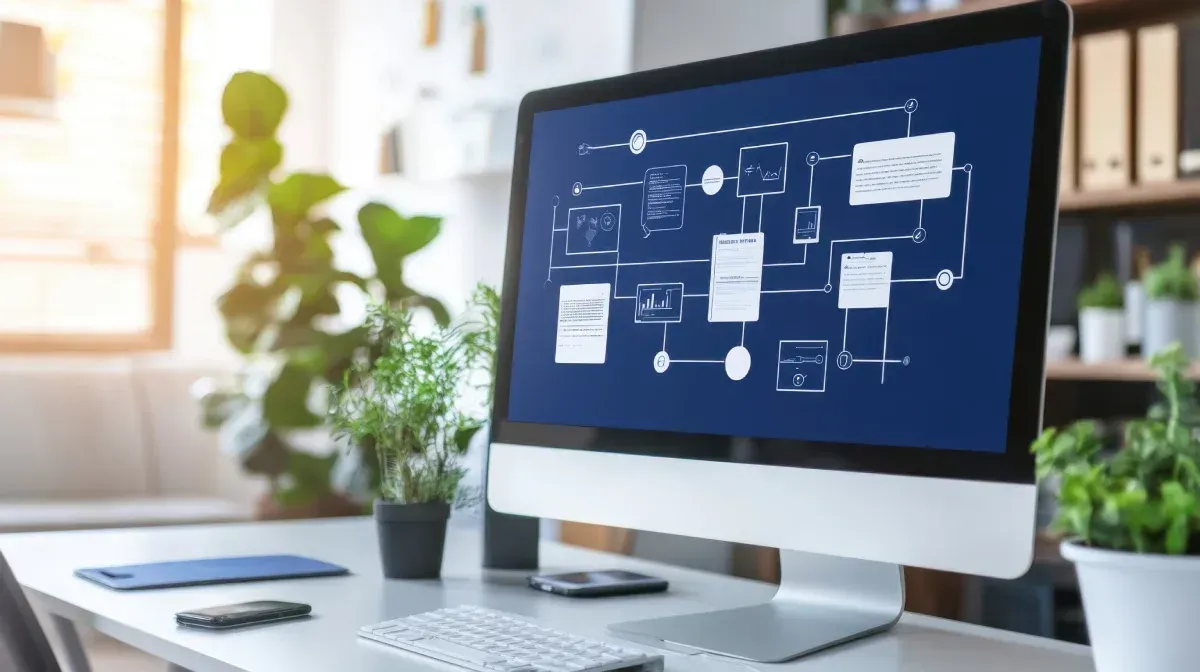 La mano de una persona interactuando con un diagrama de flujo digital superpuesto en la pantalla de una computadora portátil.