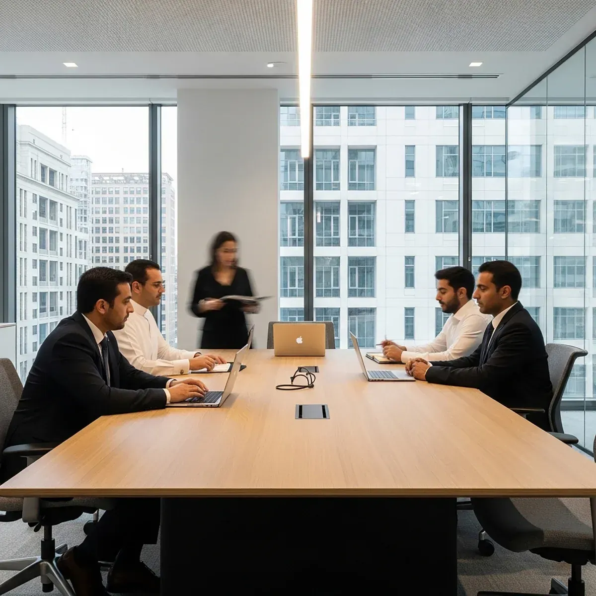 Reunión de negocios en curso; personas mirando gráficos, tomando notas en una mesa.