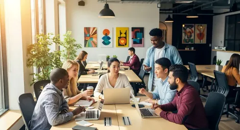 Espacio de oficina con personas colaborando en mesas, algunas con portátiles. Obra de arte en la pared.