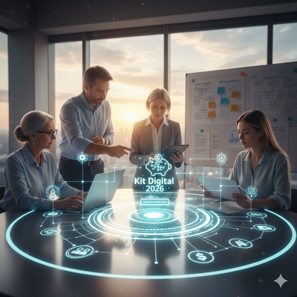 Equipo de negocios discutiendo el plan Kit Digital 2026 en una mesa de oficina con superposición de pantalla digital.