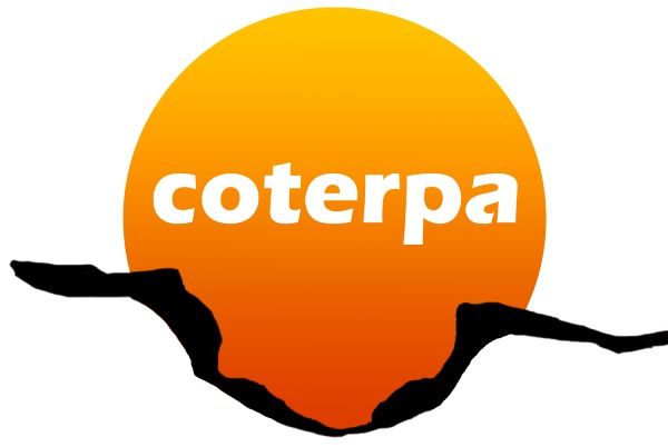 Logotipo de Coterpa: sol naranja con texto blanco sobre gráfico de tierra negra.