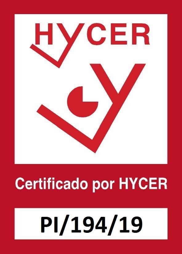 Marca de certificación HYCER roja y blanca con texto 