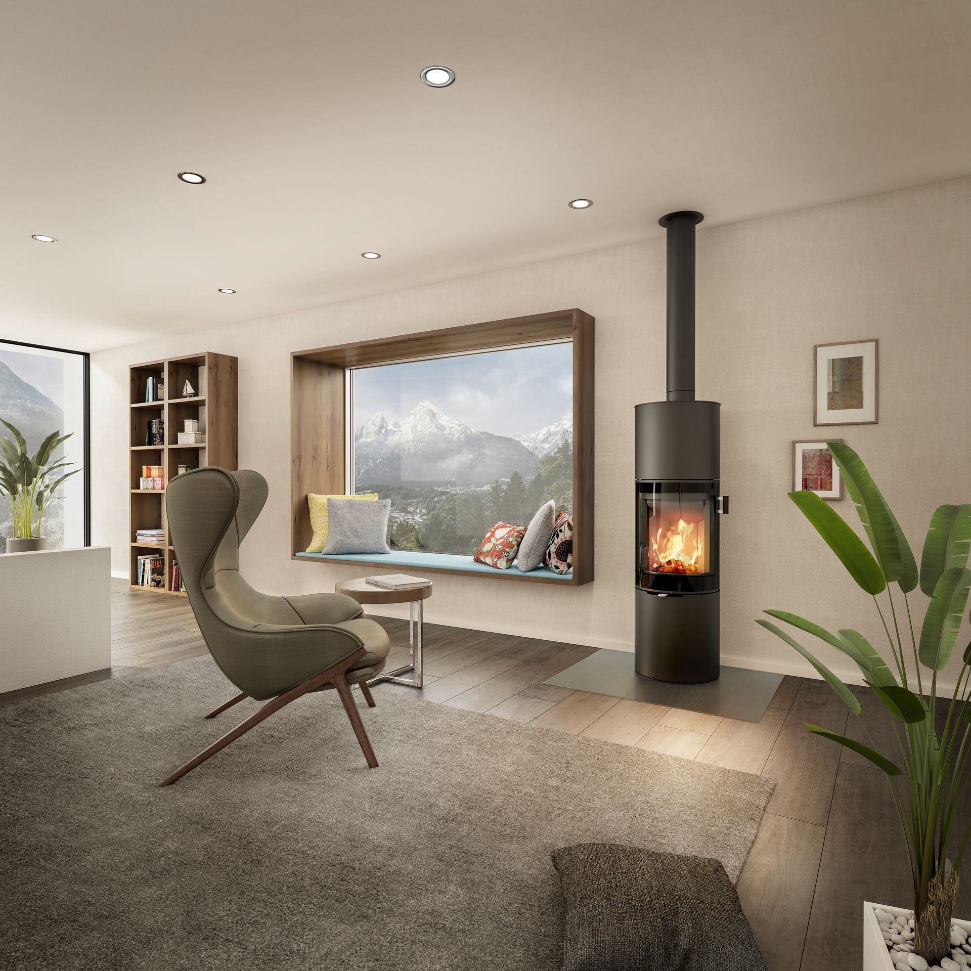 Salon moderne avec poêle à bois, grande banquette près de la fenêtre, fauteuil et vue sur la montagne
