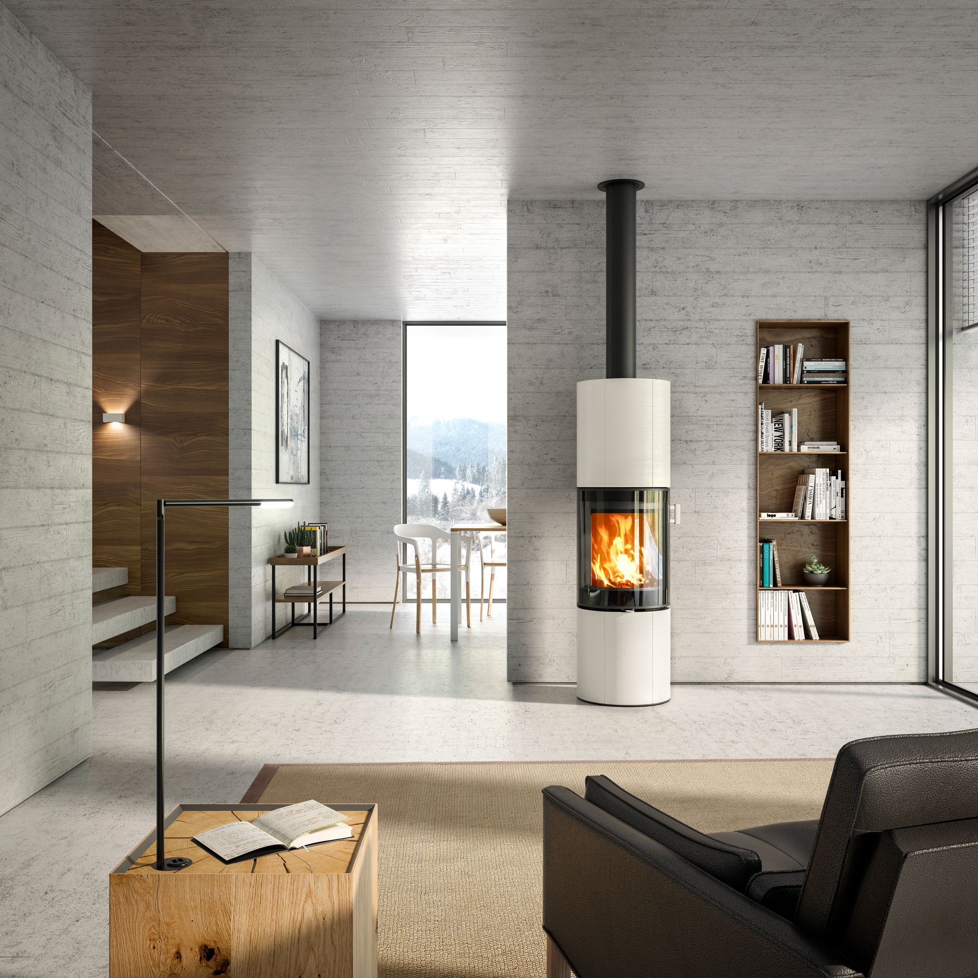 Salon moderne avec cheminée, grandes fenêtres, canapé beige et décoration minimaliste
