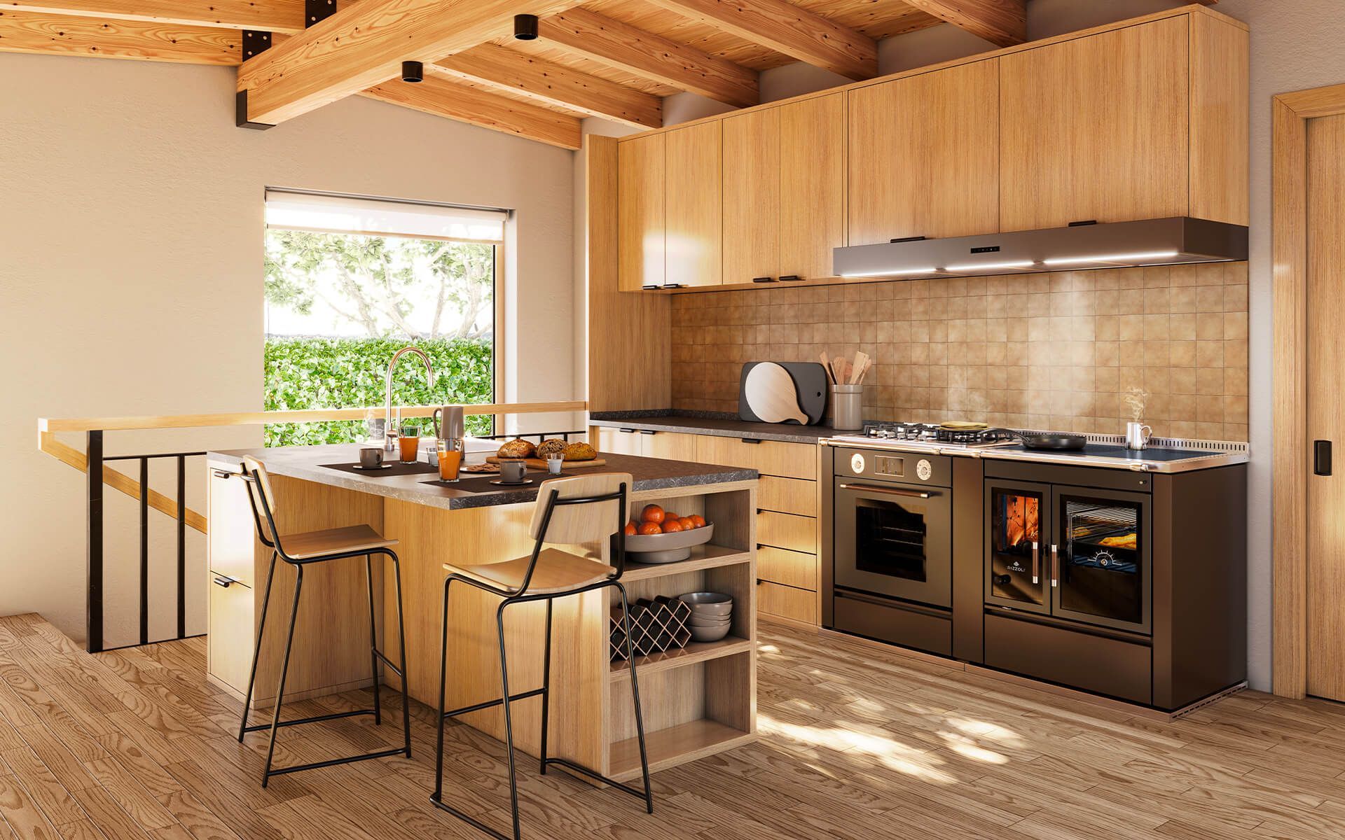 Cuisine moderne avec placards en bois, tabourets de bar et lumière naturelle entrant par une fenêtre