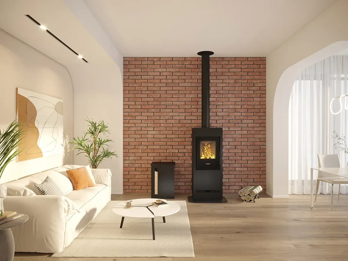 Poêle hybride bois et granulés en fonctionnement